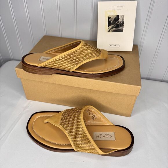 Coach Sz 7.5B Woven Square Toe Thong Sandals Nadya Des Desert Brown Leather J375 - Picture 1 of 12